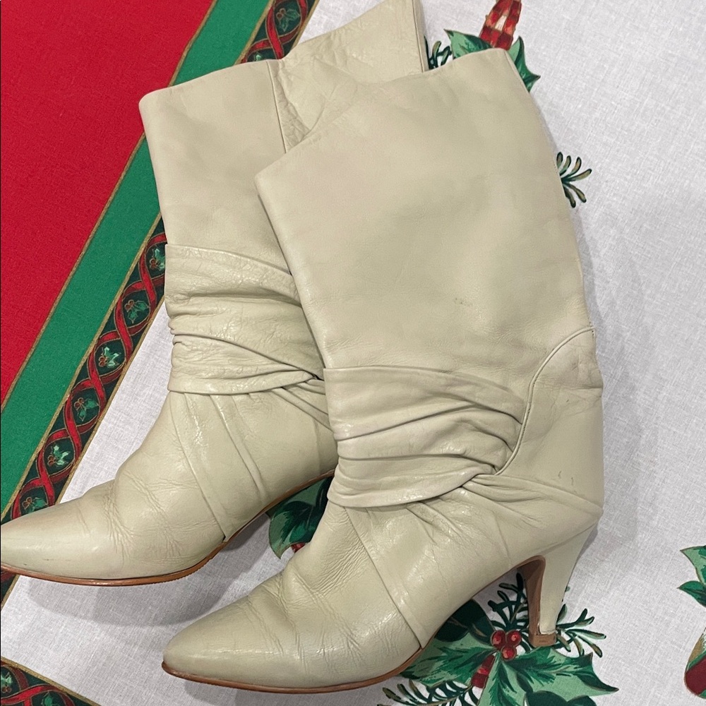 Vintage Cream 3” Heeled Women's Boots.  Ruffled and tailored-stylish.